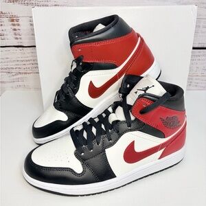 New Women’s Nike Air Jordan 1 Mid White/Black/Red Sneakers.